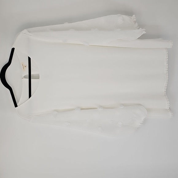 Elegant Milk White Textured Blouse w Sheer Embellished Sleeve & Teardrop Back - Picture 8 of 10